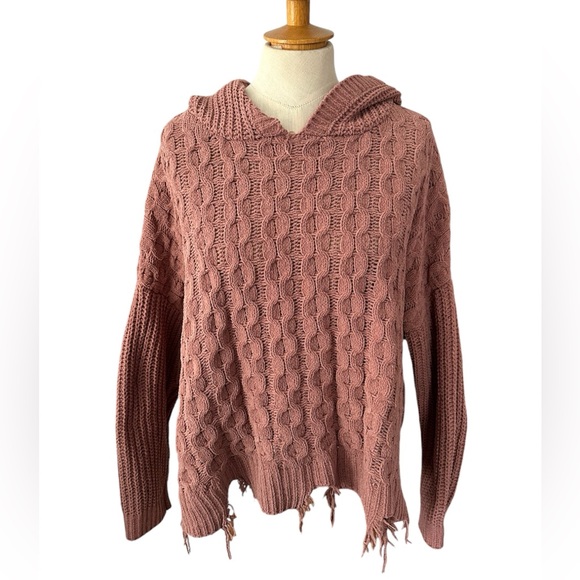 EUC Women’s BKE chunky cable knit distressed hoodie sweater sz L mauve - Picture 3 of 7